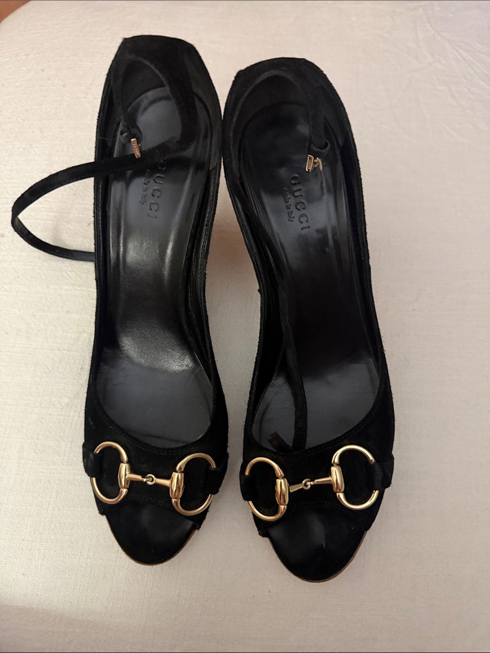 Gucci Black Suede Mary Jane Pumps with Gold Horsebit Accent
